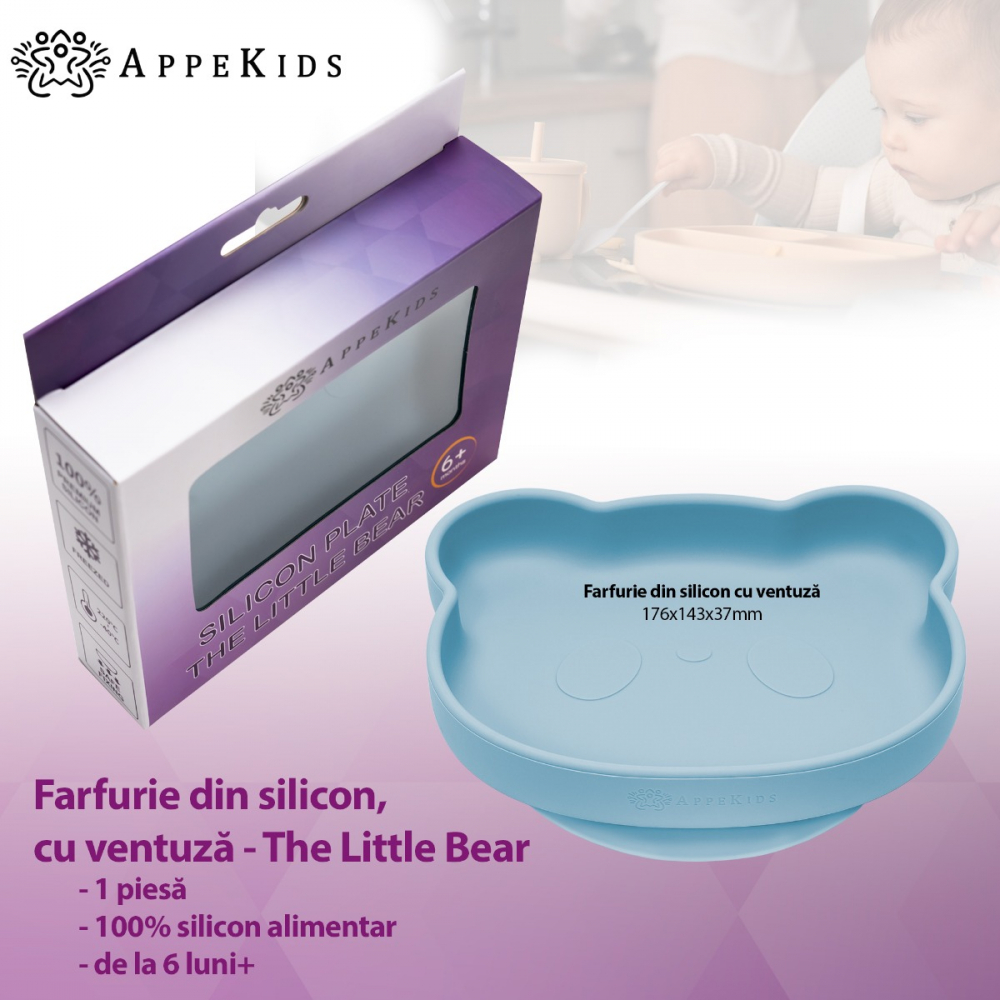 Farfurie Silicon Ventuza AppeKids Bear Aqua