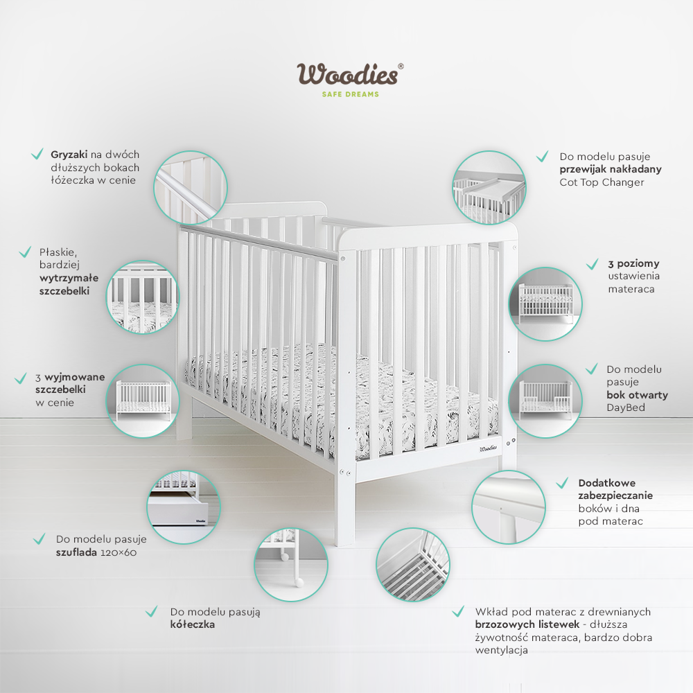 Pătuț Woodies Clasic Alb cu Înălțime Reglabilă - imagine 5