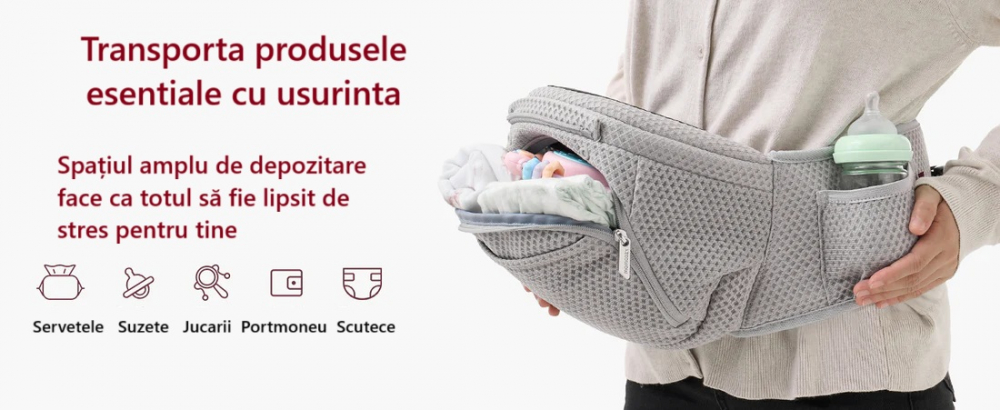 Marsupiu Momcozy Hip Seat Gri - Suport Lombar - imagine 4