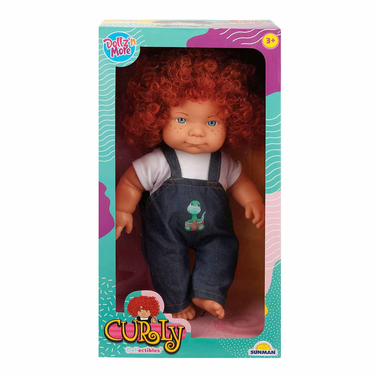 Papusa Curly Dollz n More cu Salopeta Dinozaur 35 cm