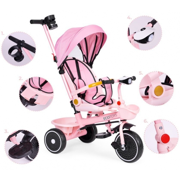 Tricicleta Ecotoys 2in1 Roz - Scaun Rotativ 360° - imagine 7
