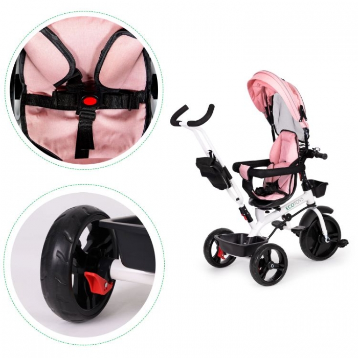 Tricicleta Ecotoys Jm-322 Roz, Scaun Reversibil, Eva - imagine 7