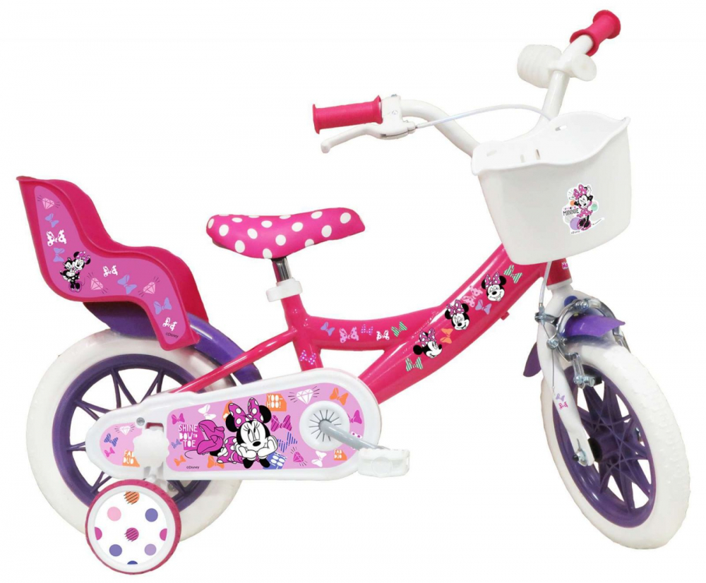 Bicicleta Denver Minnie 12" cu Frână și Suport Papuși