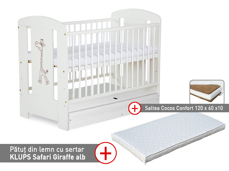 Pătuț Klups Safari Giraffe Alb cu sertar și saltea