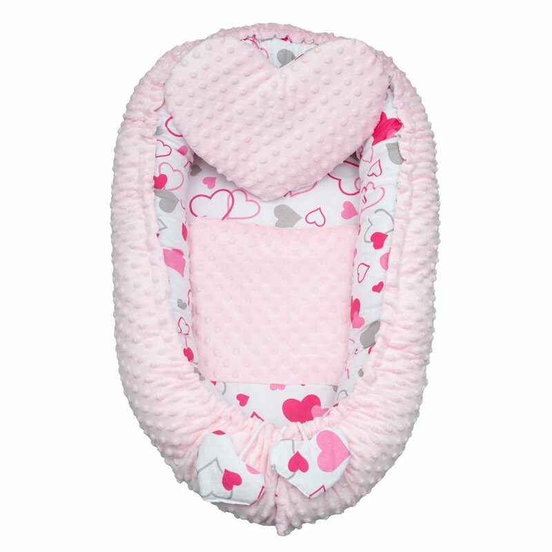Set 3 piese New Baby Luxury Nest Minky Hearts Pink - imagine 2
