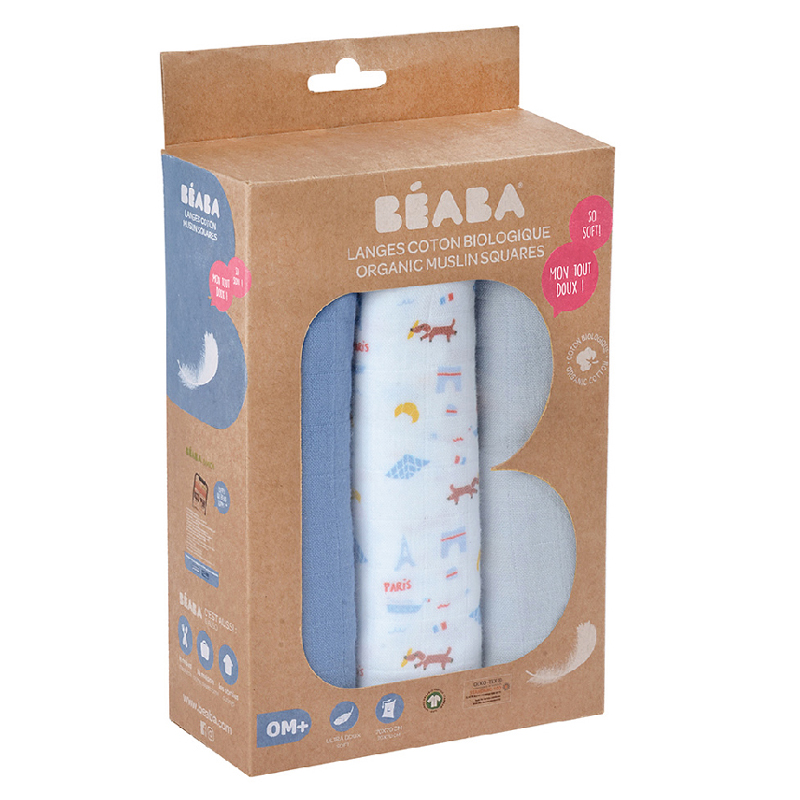 Set 3 Museline Beaba Bumbac Organic 70x70 cm Paris Blue - imagine 6