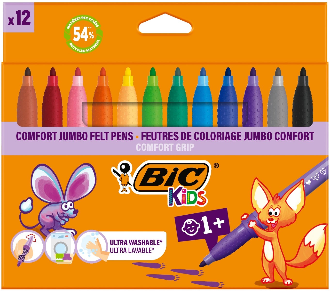 Set 12 Markere Bic Kids Comfort Jumbo, Lavabile