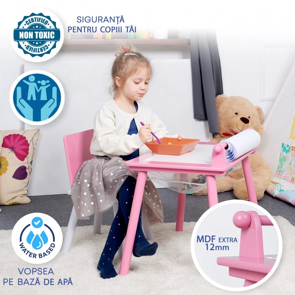 Birou copii Suporto LEGO compatibil roz cu scaun