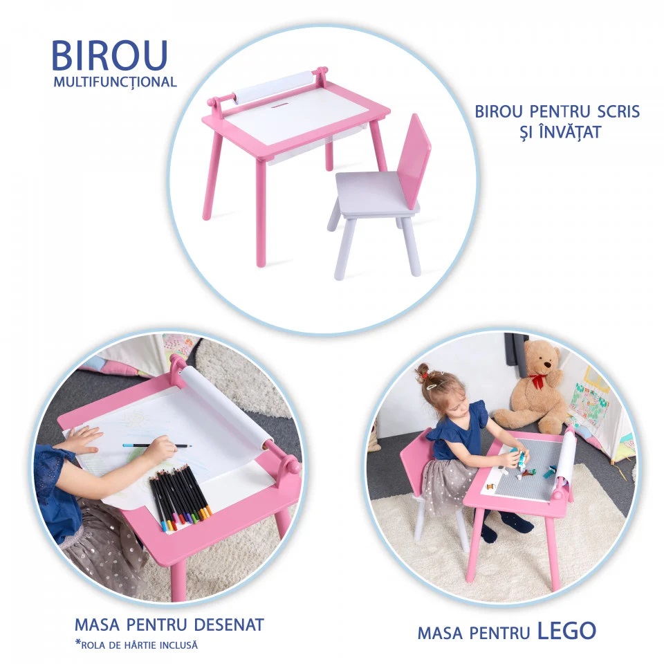 Birou copii Suporto LEGO compatibil roz cu scaun - imagine 5