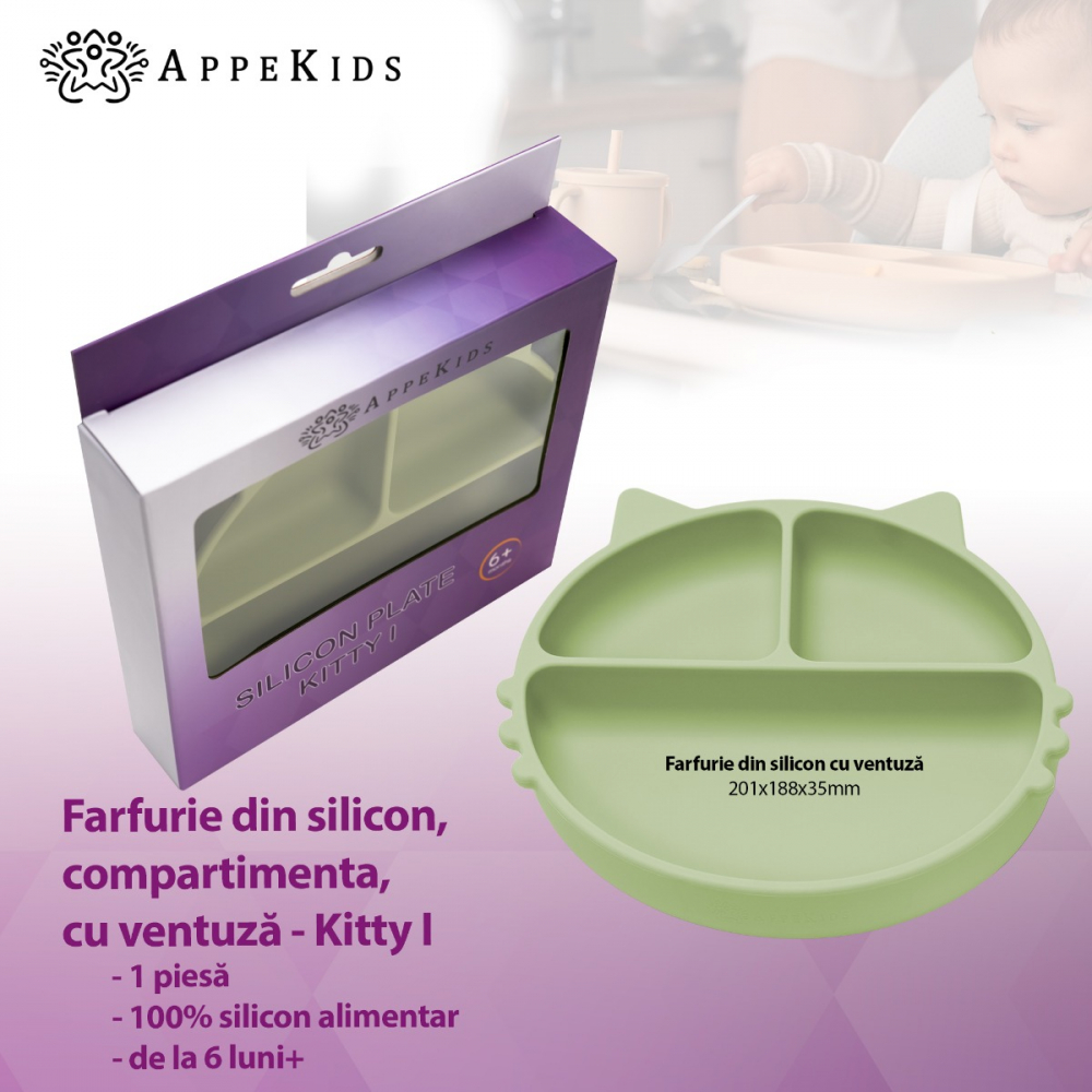 Farfurie Silicon AppeKids Kitty, cu Ventuza - imagine 2