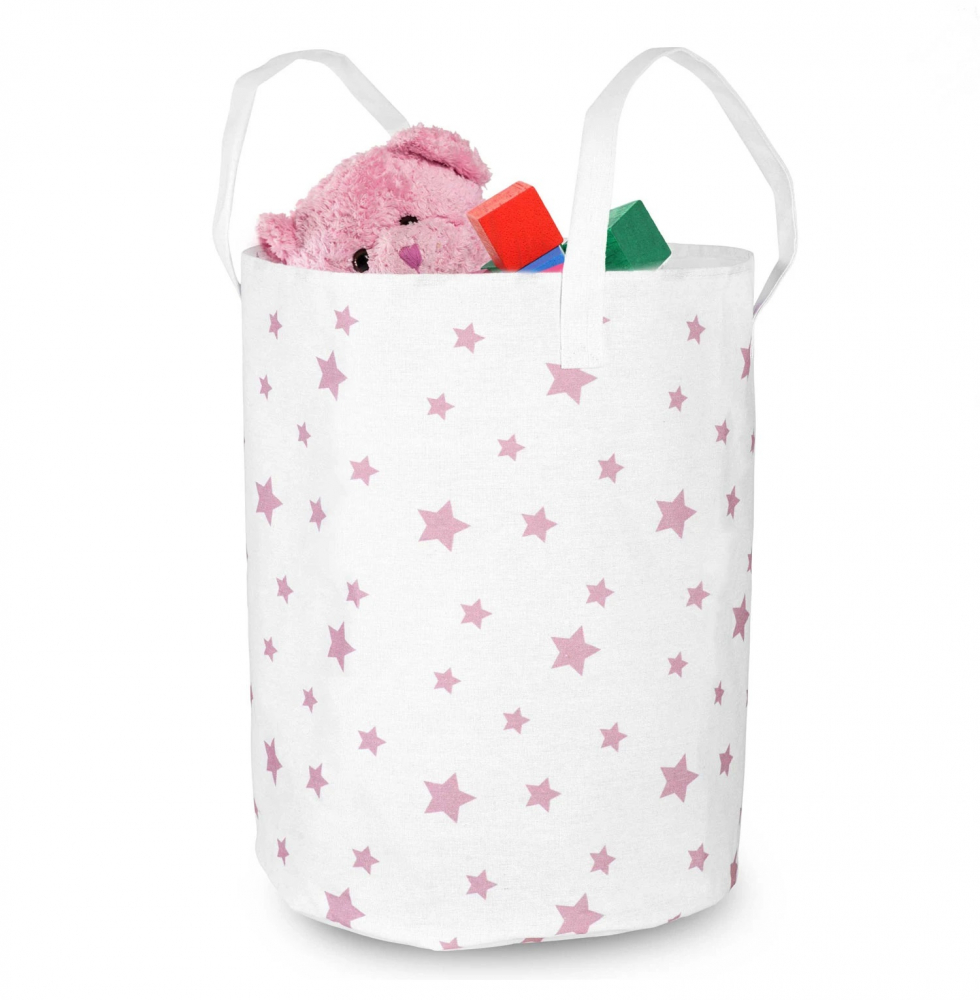 Cos Depozitare Bumbac Nukido 35x45 cm, Alb cu Stele Roz