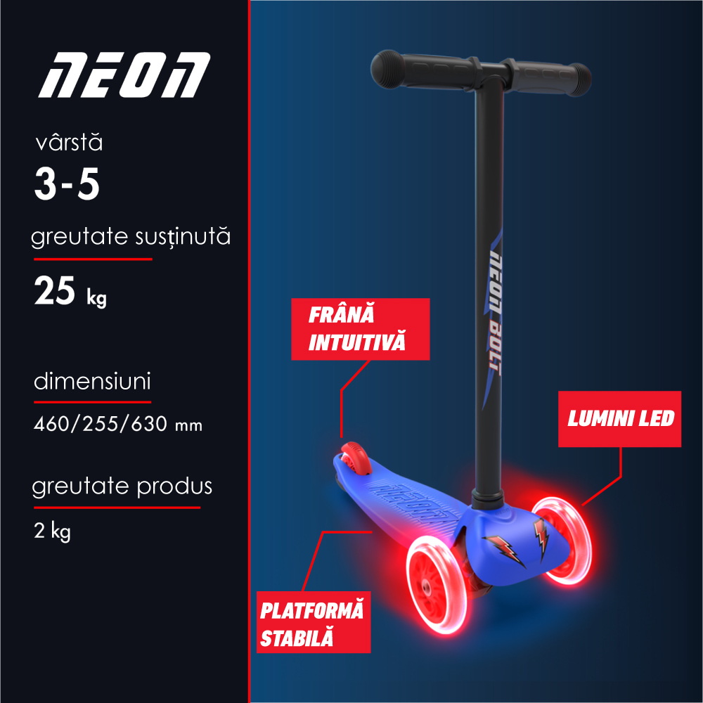 Trotineta Neon Bolt Blue cu LED, 3 roti - imagine 4