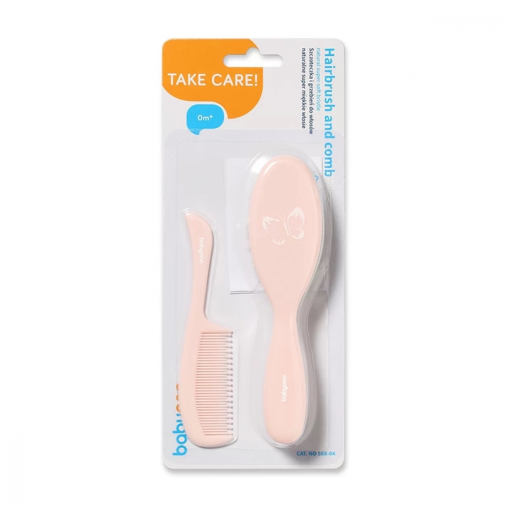 Set Perie & Pieptene Babyono Butterfly Pink Par Natural - imagine 2