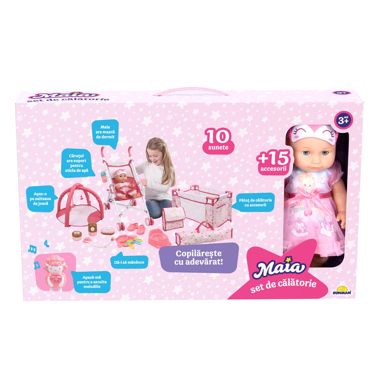 Set Călătorie cu Papusa Bebelus Maia și 15 Accesorii