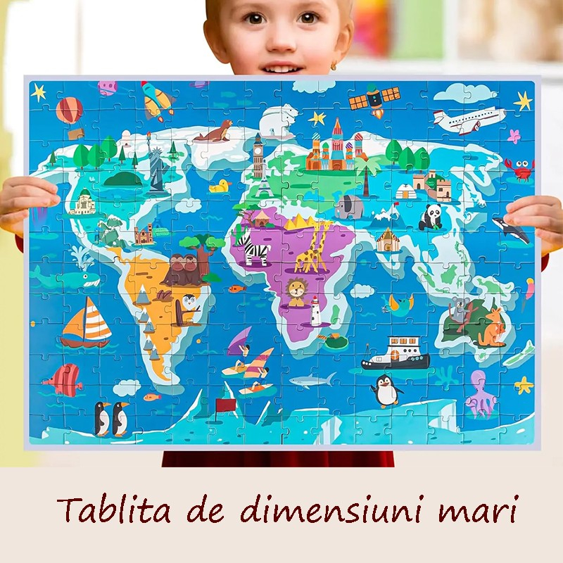 Puzzle Magnetic Harta Lumii cu Animale, 168 Piese