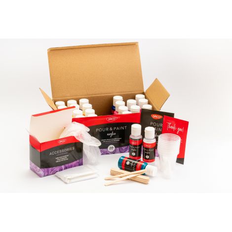Set 20 culori acril POURING Daco, 60 ml, Accesorii incluse