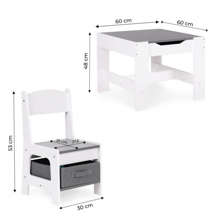 Ecotoys Masă cu 2 scaune copii alb-gri cu depozitare - imagine 3