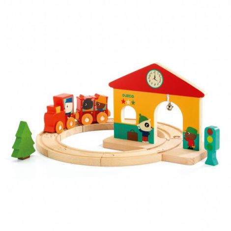 Tren Lemn Djeco Minitrain cu Statie - imagine 3