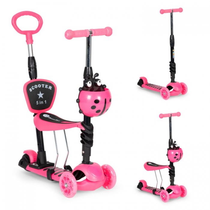 Trotineta 5 in 1 Ecotoys Roz cu LED și Mâner Parental