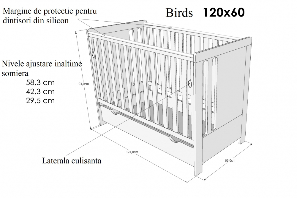 Patut Nichiduta Birds White, 3 nivele, 120x60 cm - imagine 4