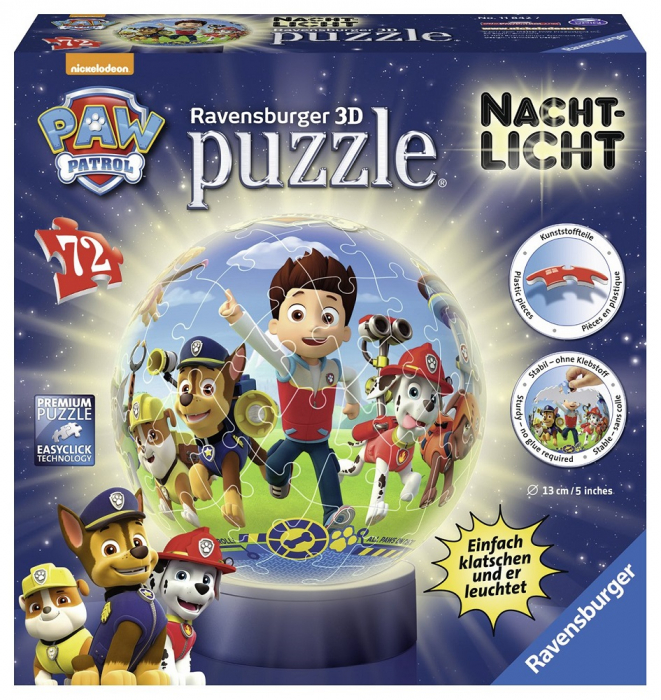 Puzzle 3D Patrula Catelusilor Glob, 72 Piese, Ravensburger