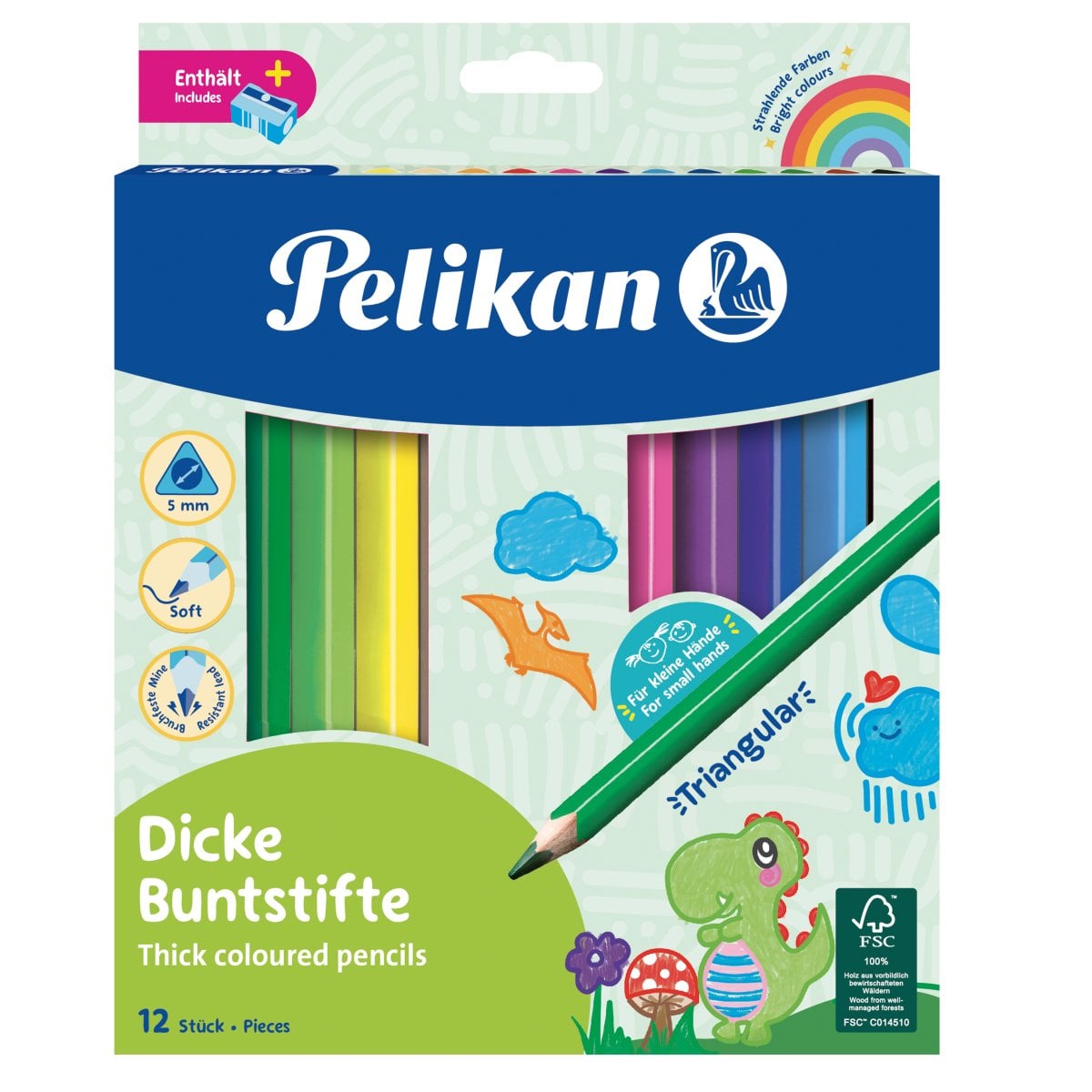 Set 12 creioane colorate Pelikan Jumbo cu ascutitoare