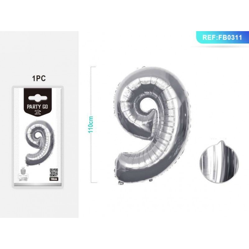 Balon PartyGo Cifra 9 Argintiu, 40cm