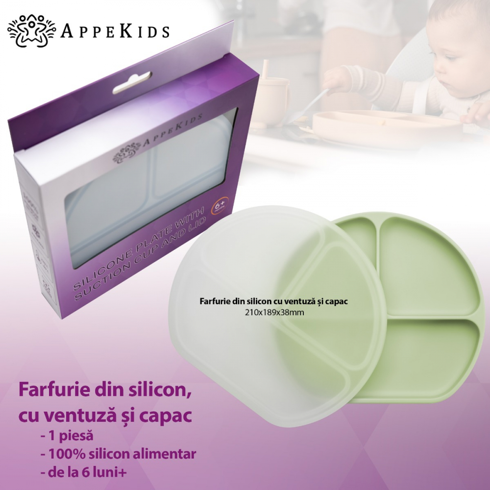 Farfurie Silicon AppeKids, cu Ventuză și Capac