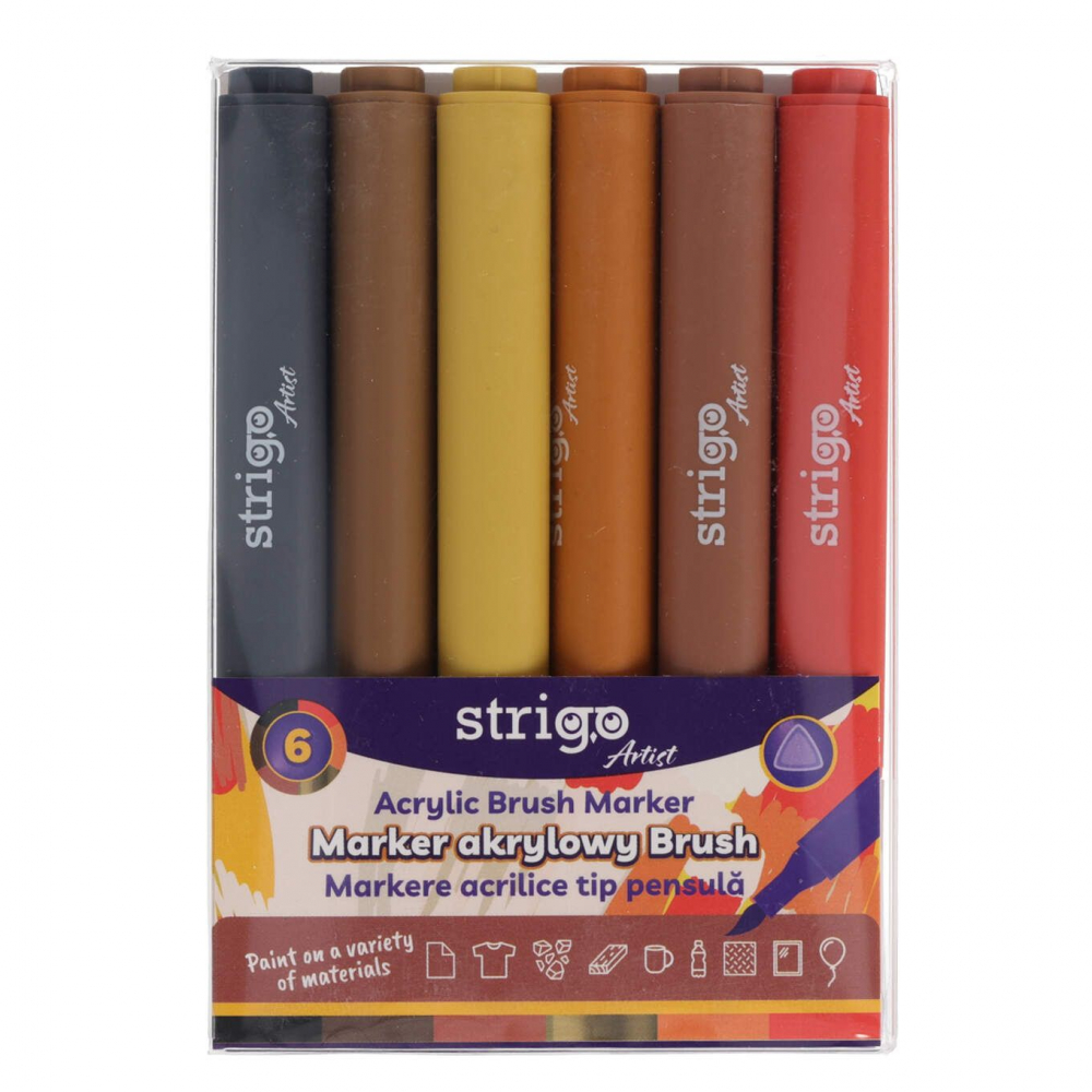 Markere Acrilice Strigo, Vârf Pensulă, 6 Culori