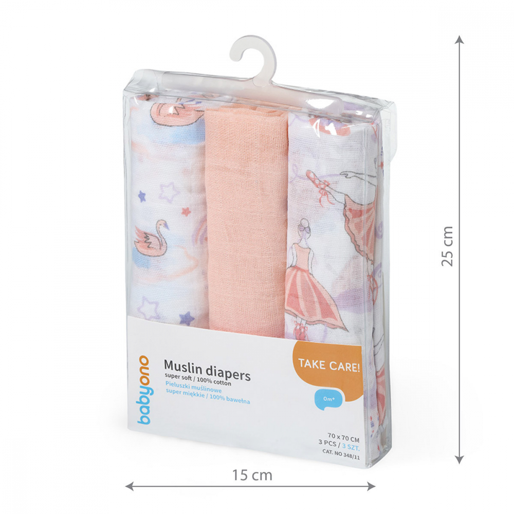 Set 3 scutece Babyono muselină, Soft Pink
