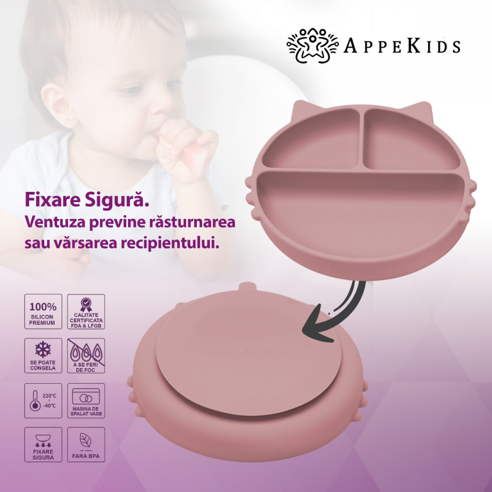 Farfurie Silicon AppeKids, Ventuza, Old Rose - imagine 3