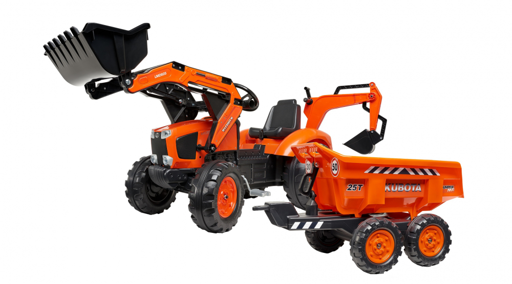 Tractor Falk Kubota cu cupă și remorcă