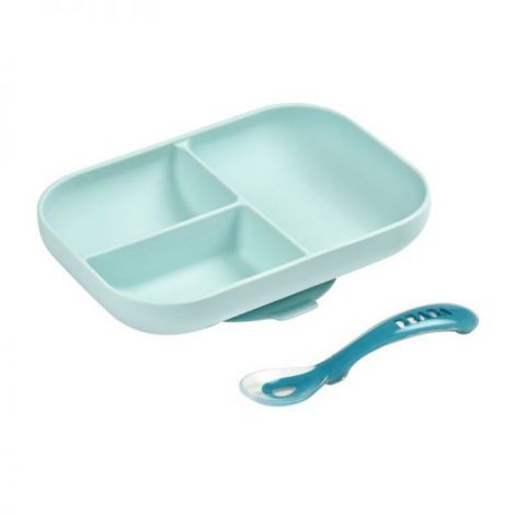 Set Masa Silicon Beaba 2 Piese Bleu cu Ventuza - imagine 4