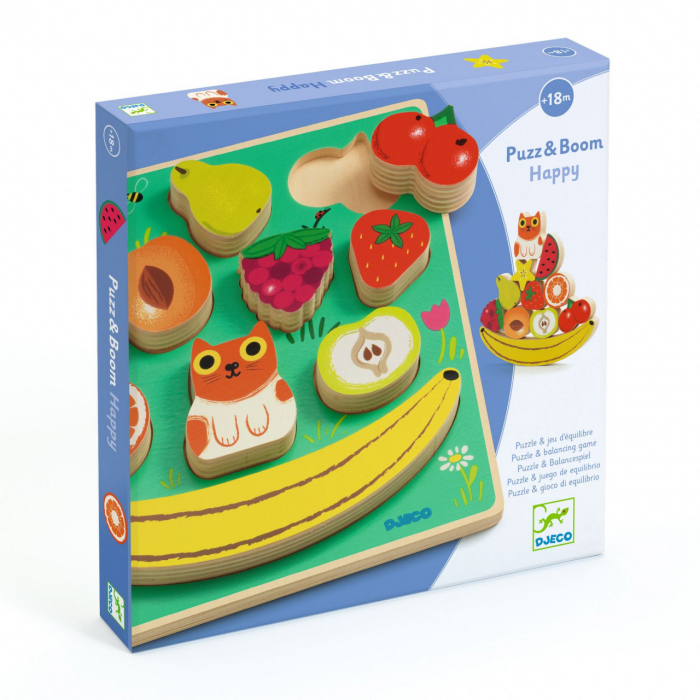 Puzzle 3D Fructe Djeco, Joc Echilibru Lemn +18 luni