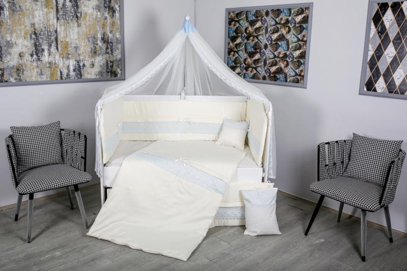Lenjerie 11 piese Mykids, Baldachin Cream-Albastru - imagine 3