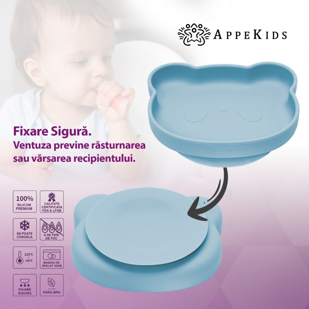 Farfurie Silicon Ventuza AppeKids Bear Aqua - imagine 3