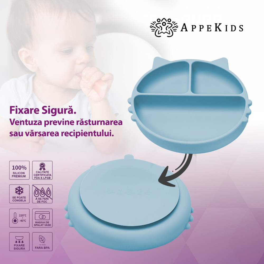 Farfurie Silicon AppeKids Kitty Aqua - imagine 3