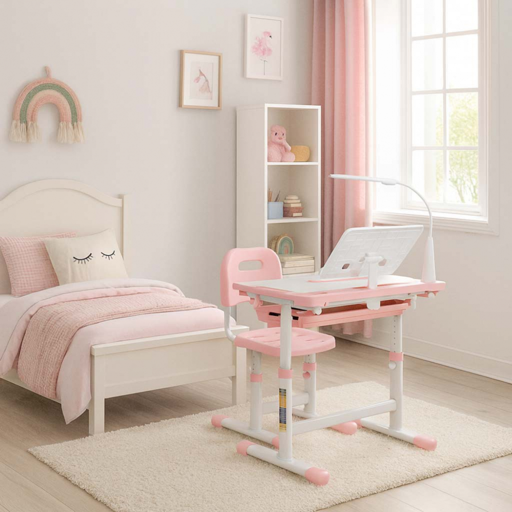 Birou Ikonka Pink Reglabil cu Lampa LED pentru Copii