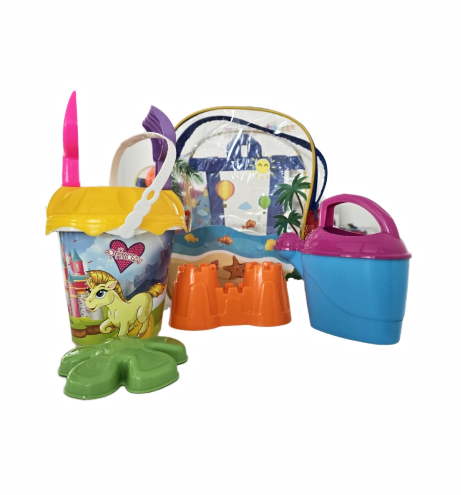Set 8 jucării de nisip Dede în rucsac galben