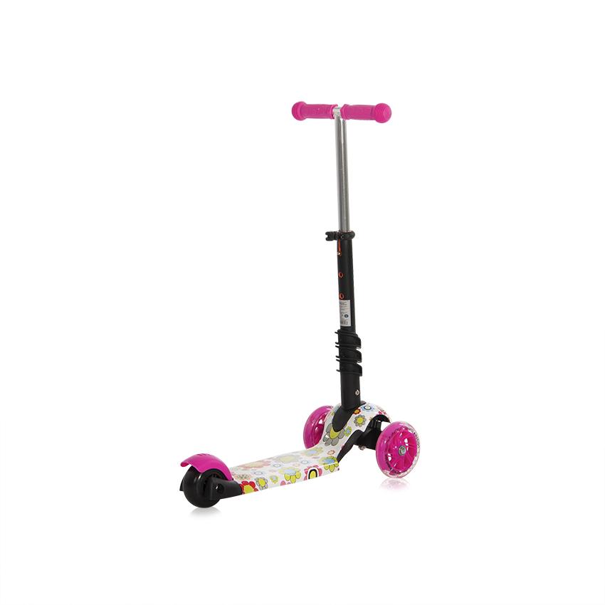 Trotineta Lorelli Pink Flowers 3 Roți LED, Scaun și Mâner