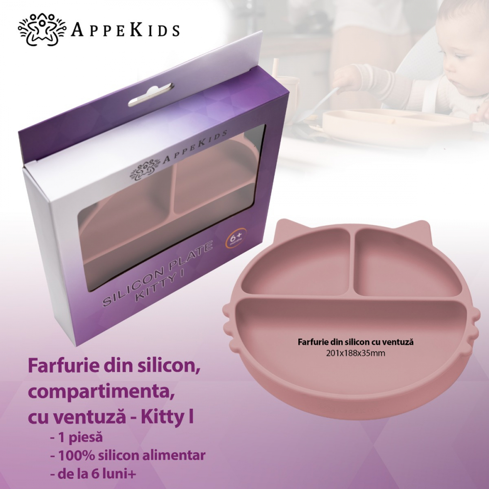 Farfurie Silicon AppeKids, Ventuza, Old Rose - imagine 2