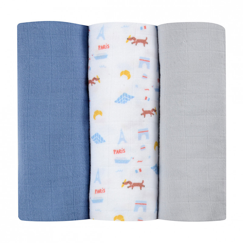 Set 3 Museline Beaba Bumbac Organic 70x70 cm Paris Blue - imagine 7