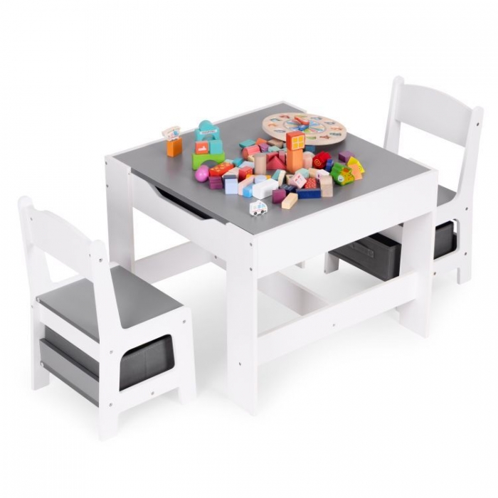 Ecotoys Masă cu 2 scaune copii alb-gri cu depozitare - imagine 5
