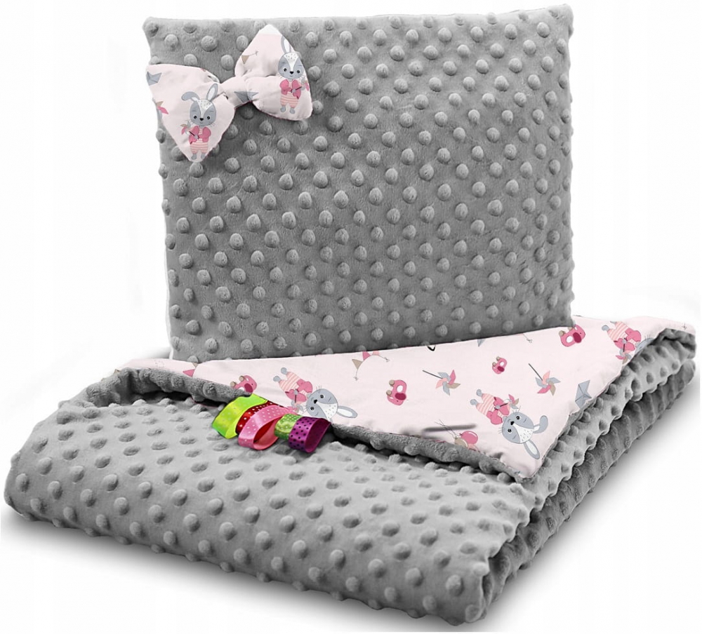 Set Paturica și Pernă Babymam Minky Grey Pink Balloons - imagine 2