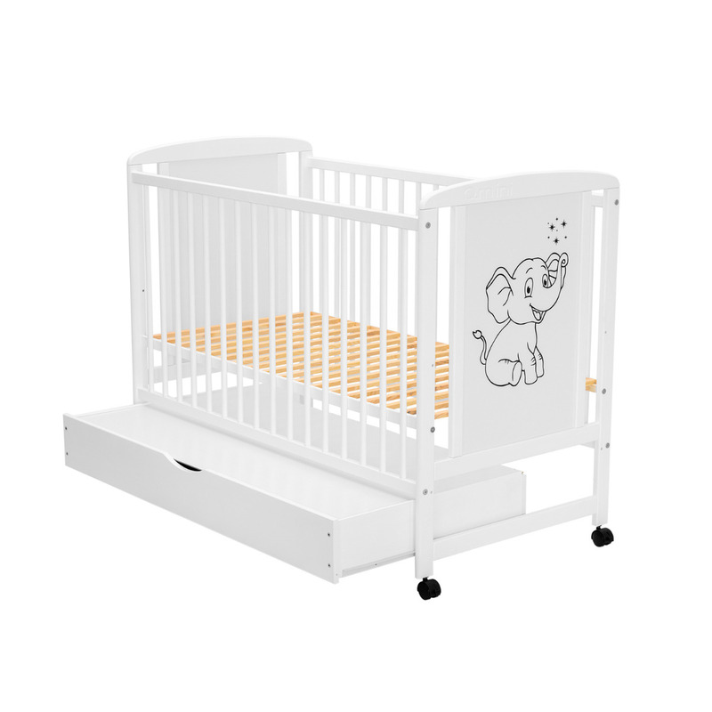 Pătuț Qmini Timmi Elephant Alb 120x60 cm cu Sertar