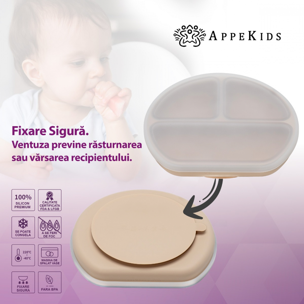 Farfurie Silicon AppeKids cu Ventuza, Beige - imagine 2