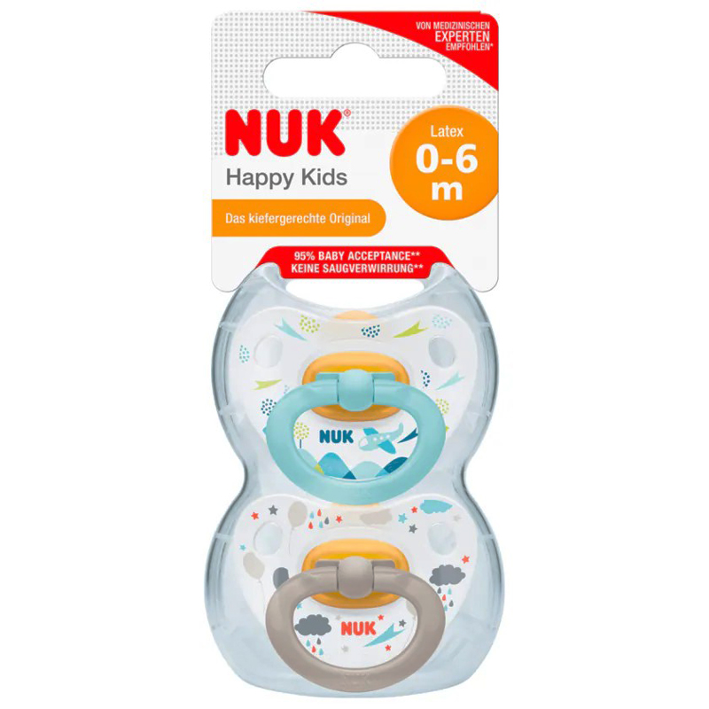 Set 2 suzete Nuk Happy Kids Latex, M1, 0-6 luni, Albastru