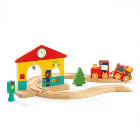 Tren Lemn Djeco Minitrain cu Statie - imagine 4