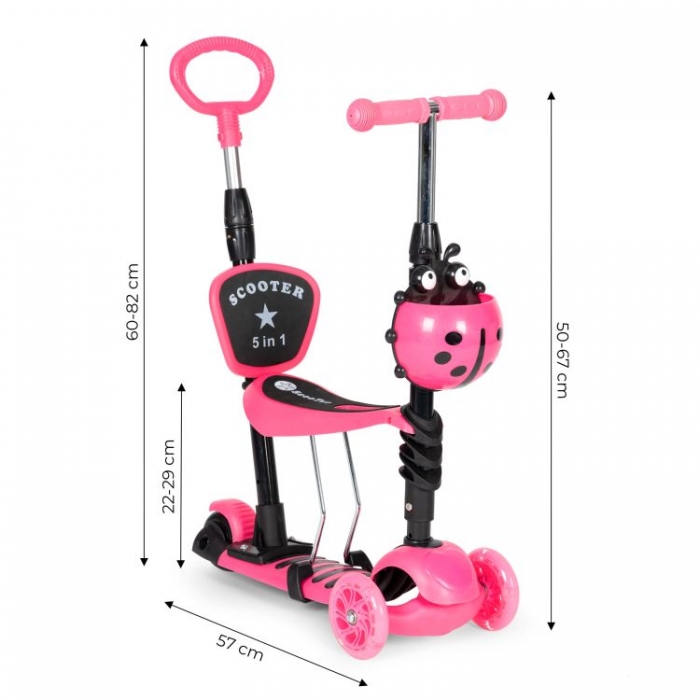 Trotineta 5 in 1 Ecotoys Roz cu LED și Mâner Parental - imagine 7