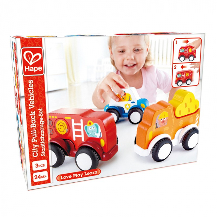 Hape Set 3 Masinute din Lemn cu Motor Pull-Back